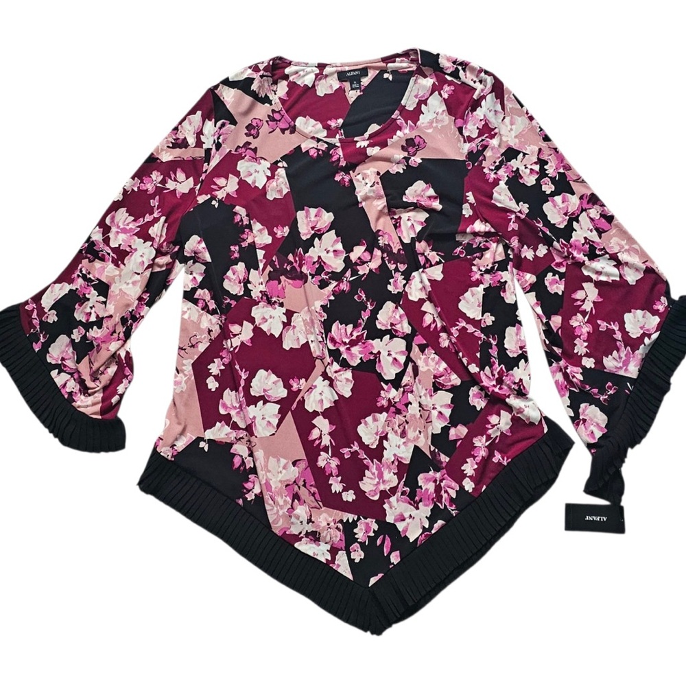 Alfani Pink and Red Asymmetrical Blouse with Bell Sleeves Sz XL